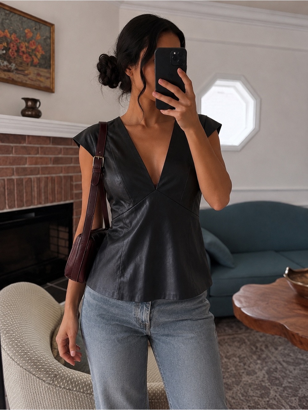 Dynamite Black Leather Peplum V-Neck Top
